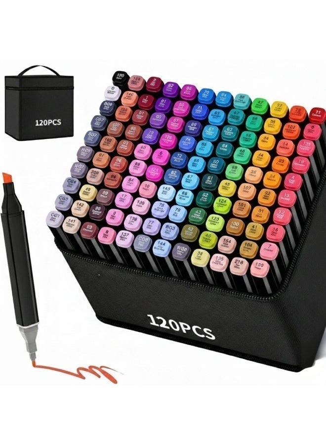 Graphic Marker Set (120 Colors) Multicolor Dual-Tipped  Based Markers with Bag for Sketching, Calligraphy, and Design - Coloring Pen Set - Coloring and Drawing Ink for Kids and Adults - Perfect Coloring Pen Set for Artists and Hobbyists with Stylish Carrying Case Suitable for Art Gifts - Graffiti, Coloring, Outlining, Shading - Marker and Painting Projects with Bag - Image 1